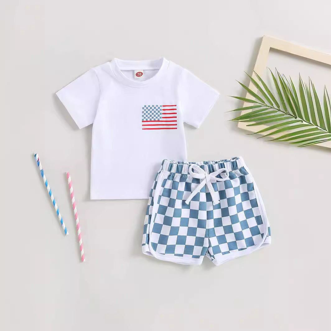 Baby Boy White Pants Shorts Set in Polyester for United States CHF Market - Tiny Trendsetter Chessboard Chic united