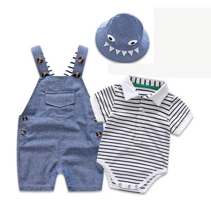 Baby BoysStrap Pants Jumpsuit Hat Three-piece Clothes - Tiny Trendsetter: Baby Boy’s Jumpsuit Fun Awaits