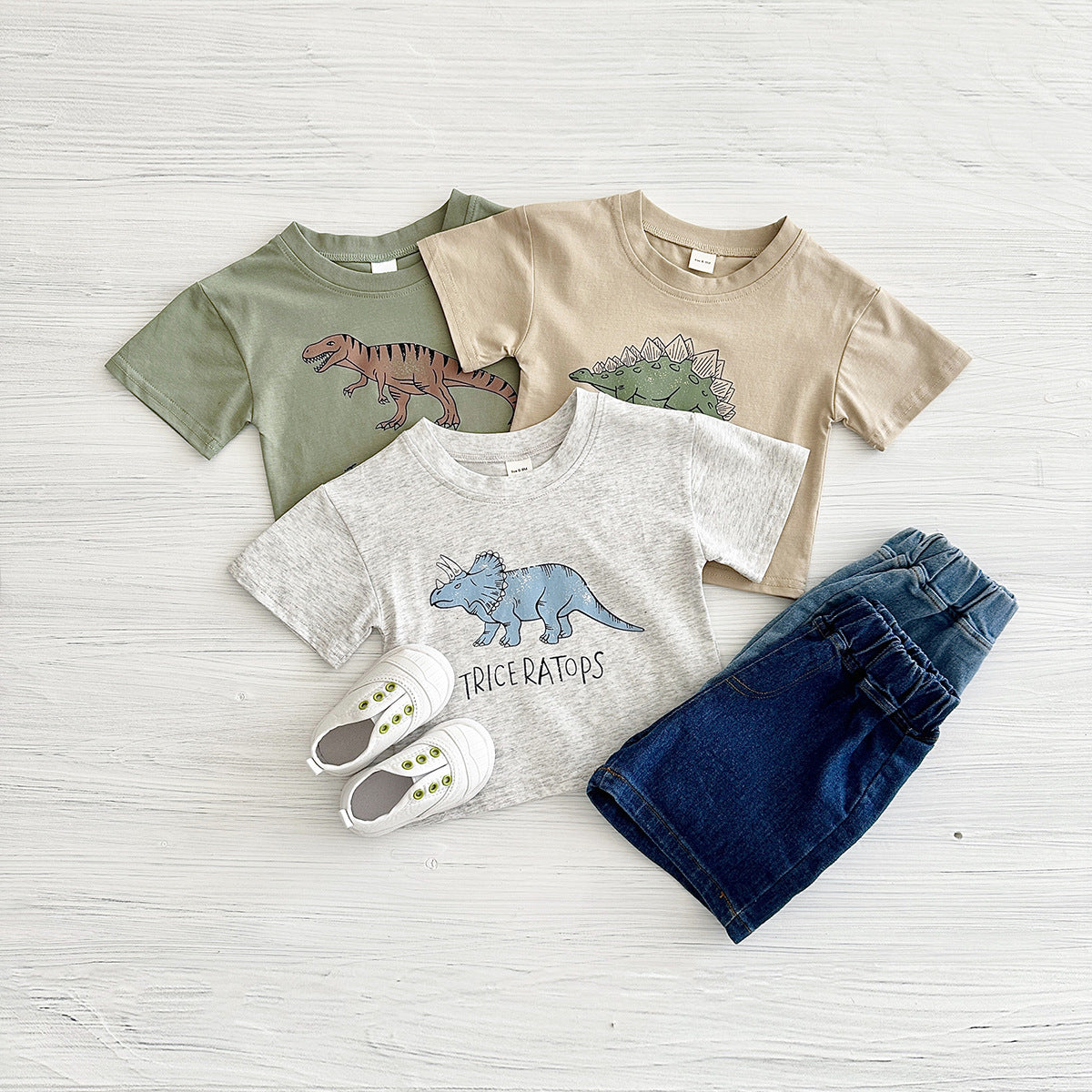 Baby Dinosaur Printed T-shirt Denim Shorts All-match Suit - Baby Dinosaur T-shirt and Shorts for Tiny Trendsetters