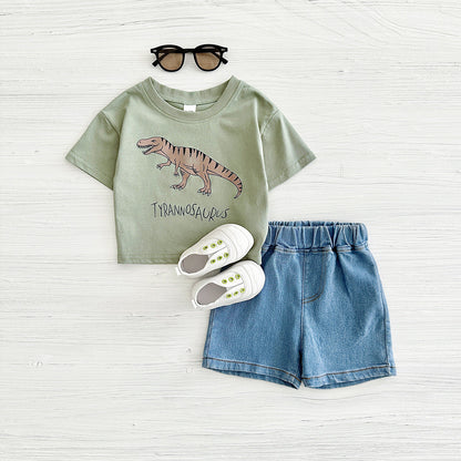 Baby Dinosaur Printed T-shirt Denim Shorts All-match Suit - Baby Dinosaur T-shirt and Shorts for Tiny Trendsetters