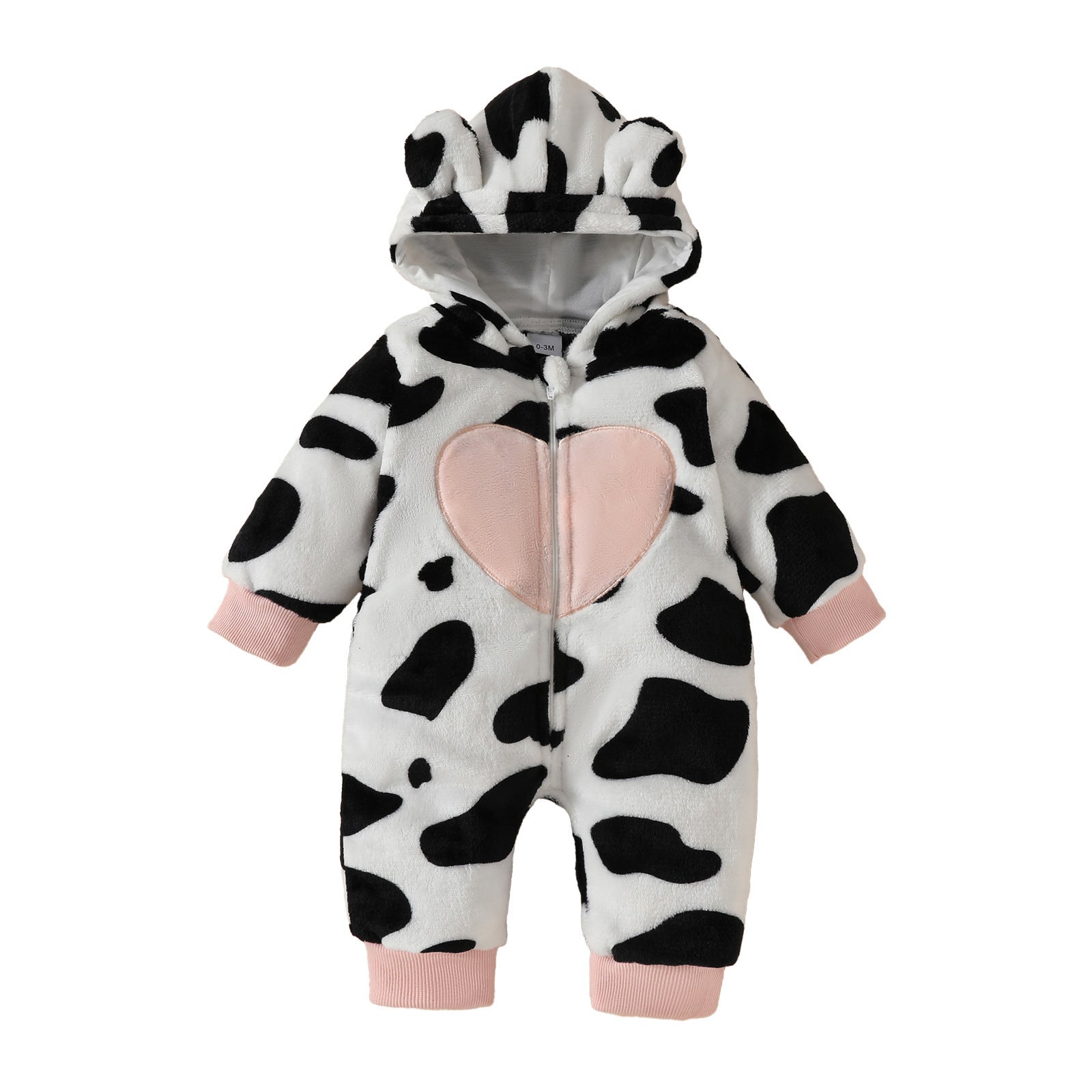 Baby Fur Hooded Romper Love Affixed Cloth Embroidered Cow Stripes Casual Zipper Long Type Crawling Suit - Cuddle Up