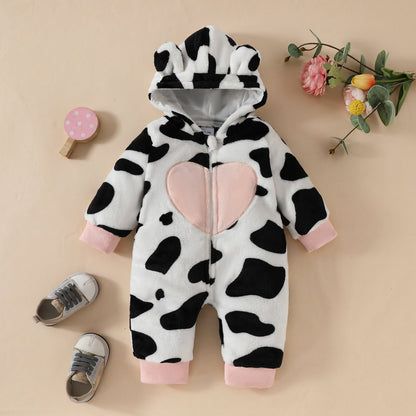 Baby Fur Hooded Romper Love Affixed Cloth Embroidered Cow Stripes Casual Zipper Long Type Crawling Suit - Cuddle Up