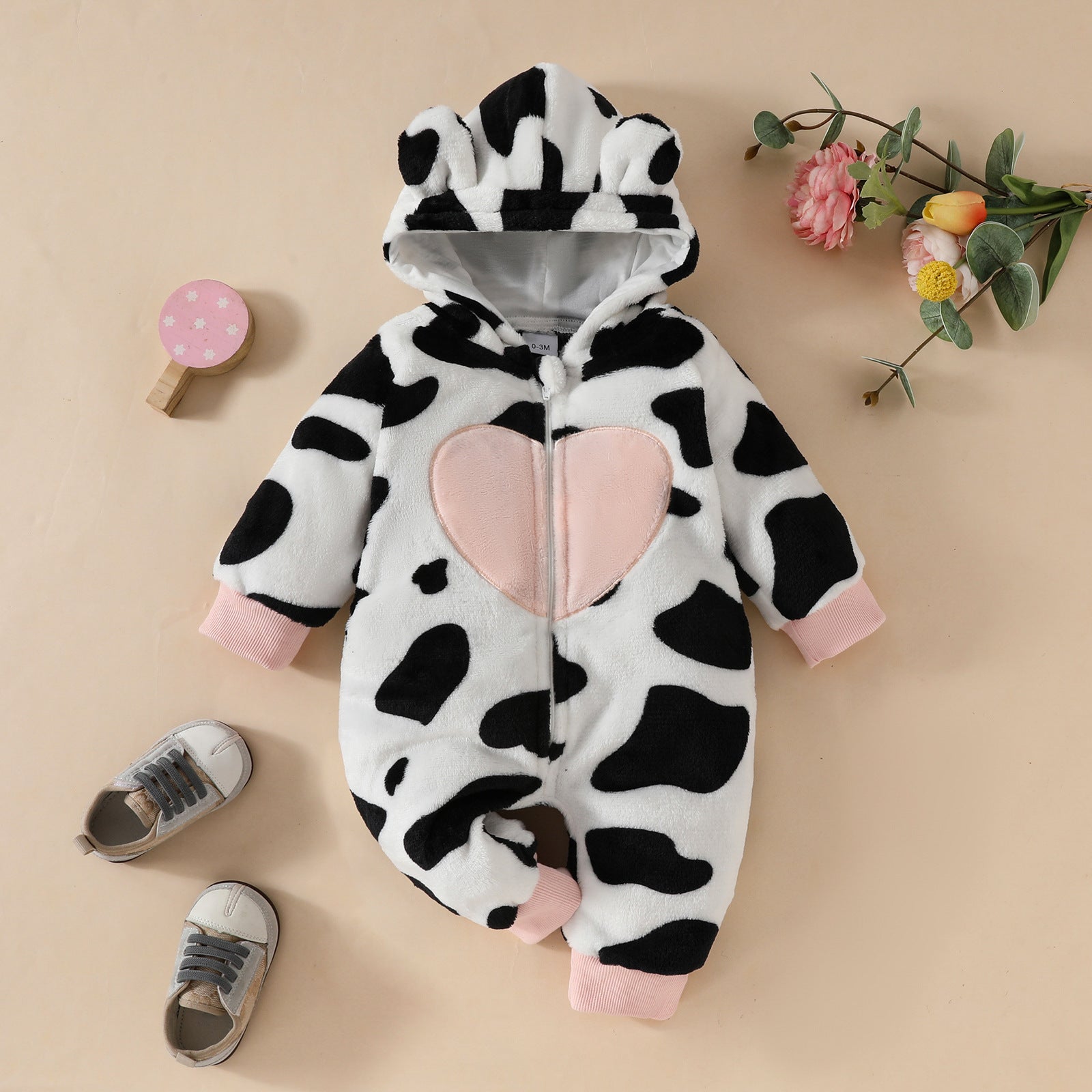 Baby Fur Hooded Romper Love Affixed Cloth Embroidered Cow Stripes Casual Zipper Long Type Crawling Suit - Cuddle Up