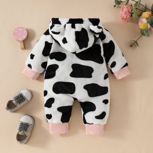 Baby Fur Hooded Romper Love Affixed Cloth Embroidered Cow Stripes Casual Zipper Long Type Crawling Suit - Cuddle Up