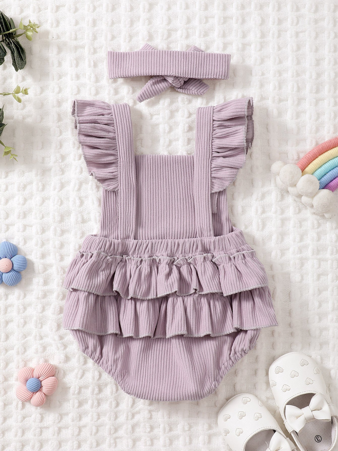 Baby Girl Corduroy Rainbow Towel Embroidery Strap Lace Jumpsuit - Baby Girl Corduroy Rainbow Jumpsuit with Lace Strap