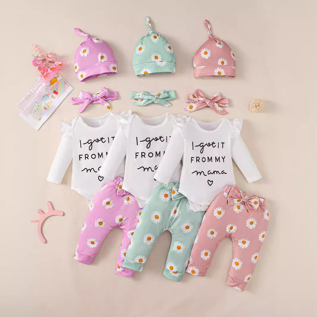 Children’s Cotton Outfit for Newborns in Pink Green Light Purple US Sizes - Tiny Fashionista’s 4-Piece Romper Set