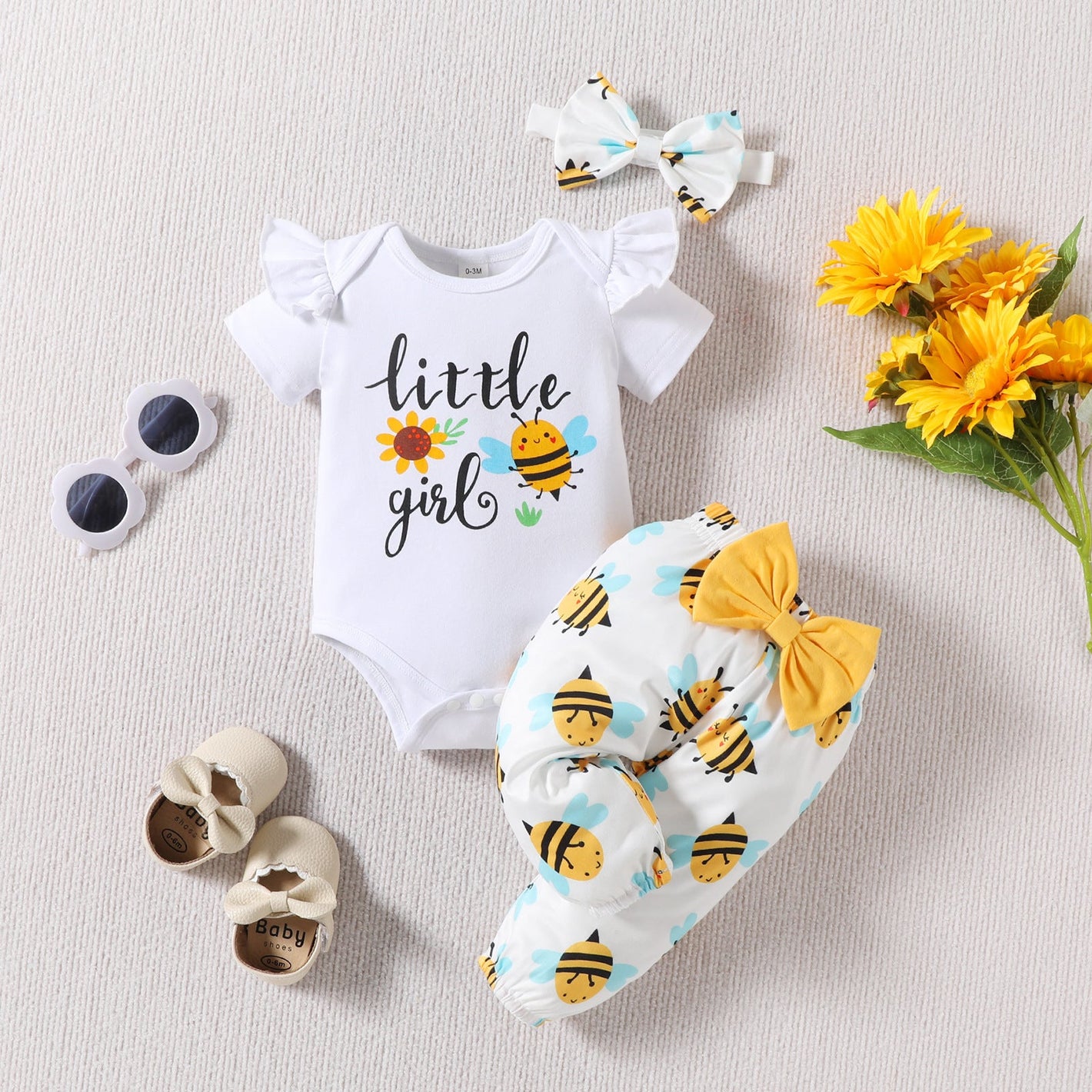 White Cotton Baby Pants and Blouse Set for 0-18 Months in United States - Buzzing Style with Bee-utiful Trousers united