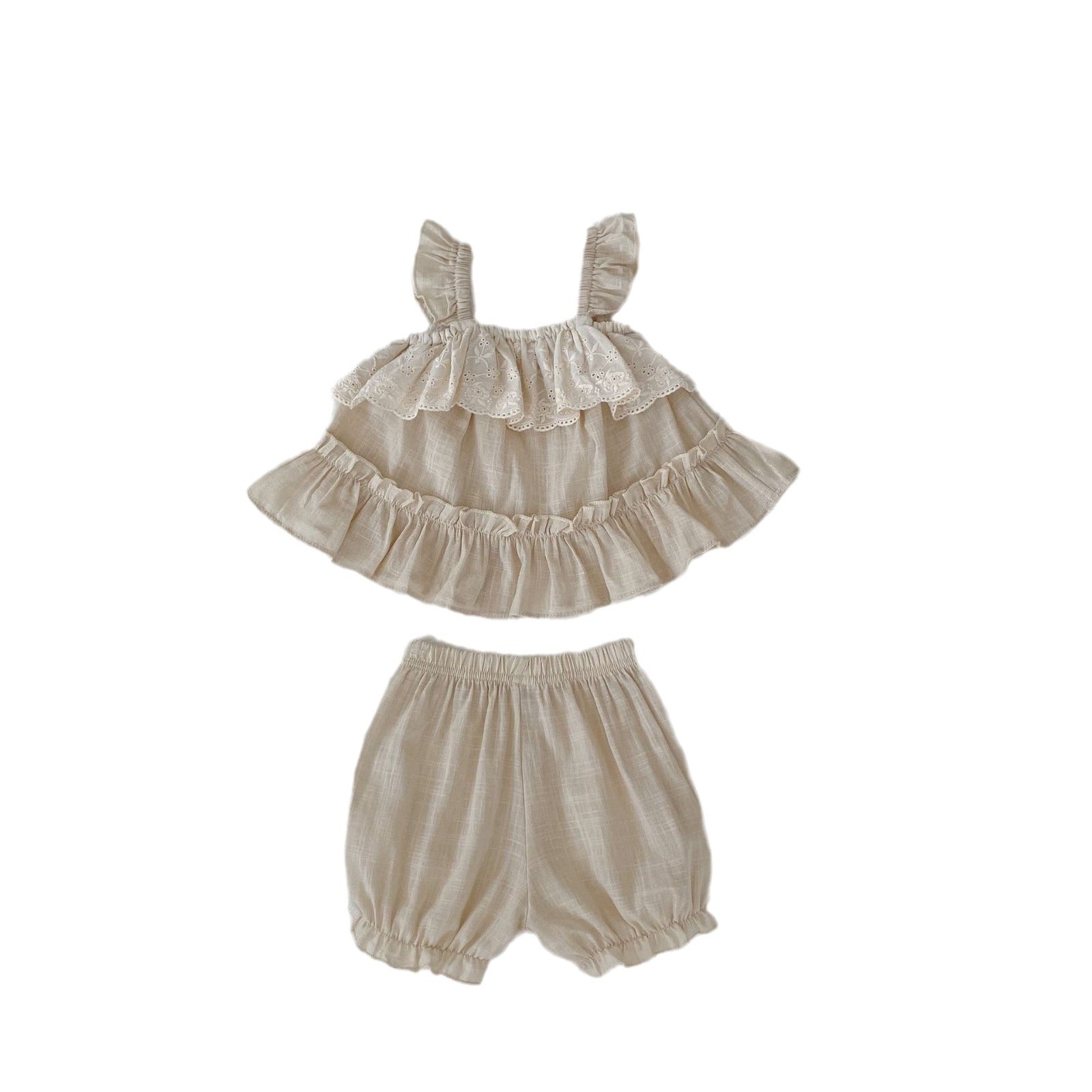 Baby Girl Sweet Flying Sleeve Suspender Top Solid Color Shorts Two-piece Suit - Tiny Trendsetter’s Flying Sleeve