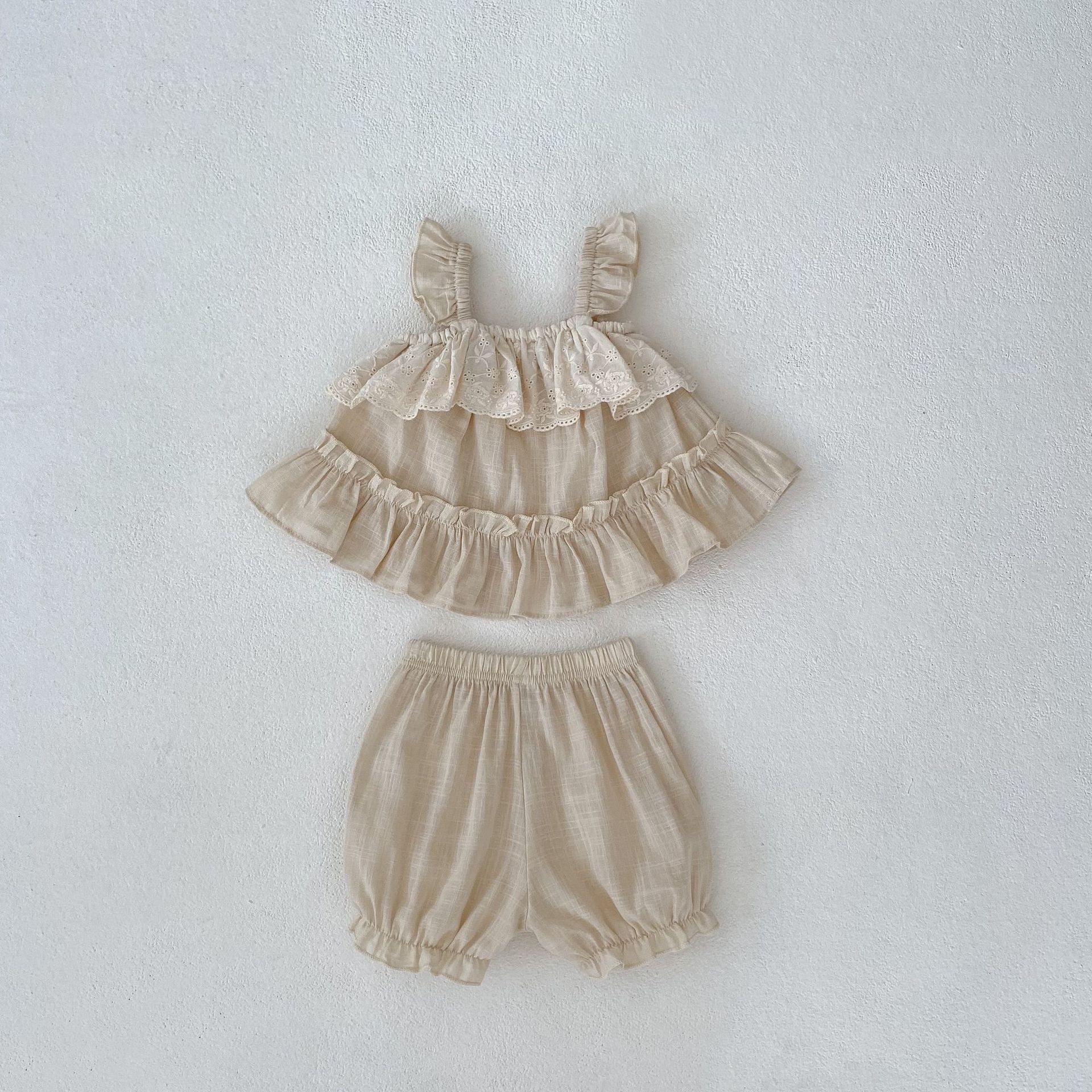 Baby Girl Sweet Flying Sleeve Suspender Top Solid Color Shorts Two-piece Suit - Tiny Trendsetter’s Flying Sleeve