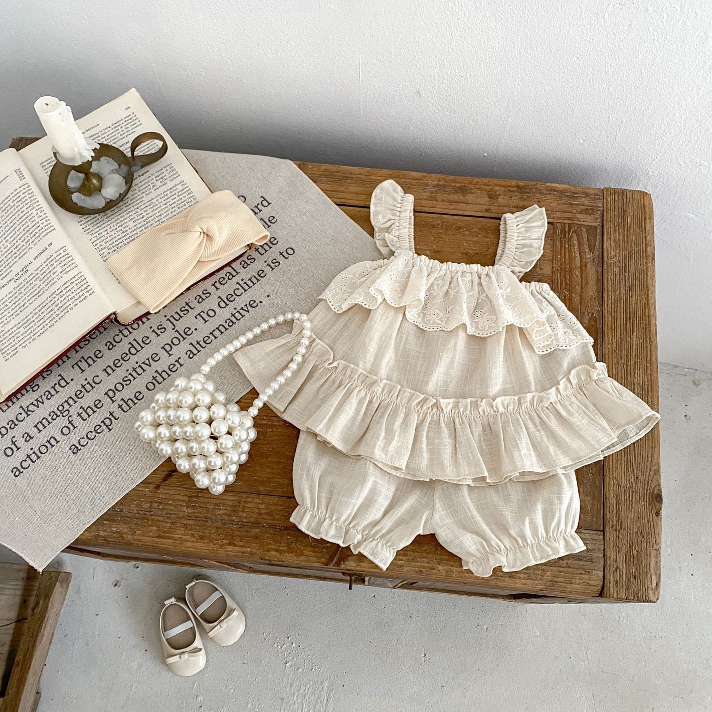 Dark Beige Pants and Shorts Set with Flying Sleeves for United States Sizes - Tiny Trendsetter’s Sleeve Dreamy Duo