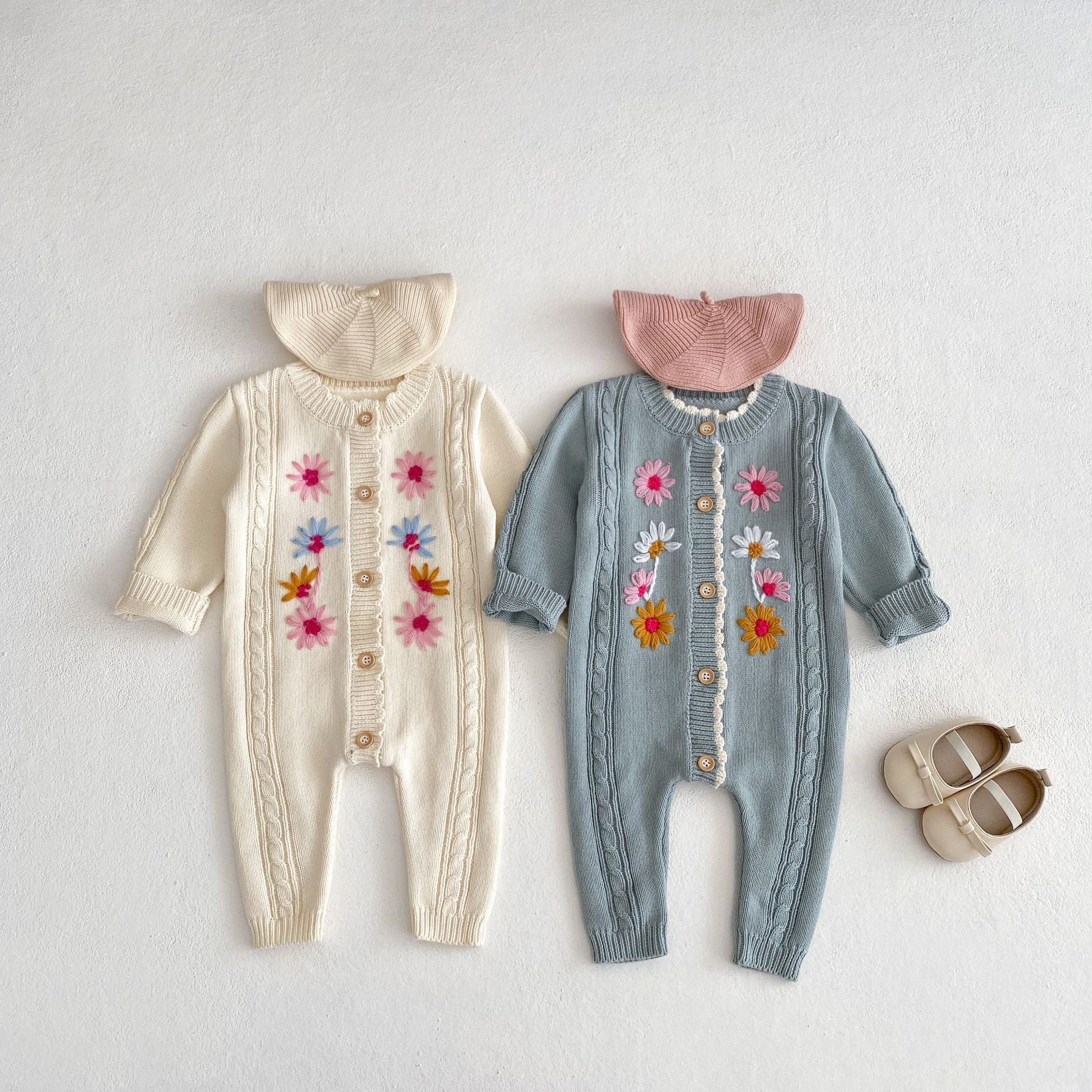 Baby Girls’ Handmade Embroidery Knitted Jumpsuit - Baby Girls Handmade Knitted Jumpsuit Cotton Fabric