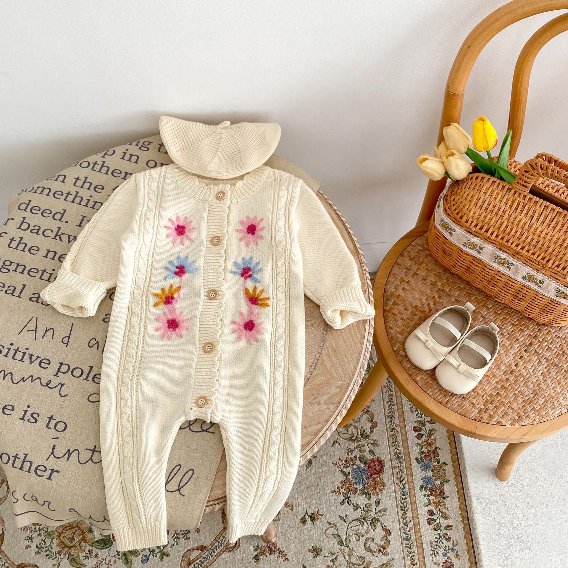 Baby Girls’ Handmade Embroidery Knitted Jumpsuit - Baby Girls Handmade Knitted Jumpsuit Cotton Fabric