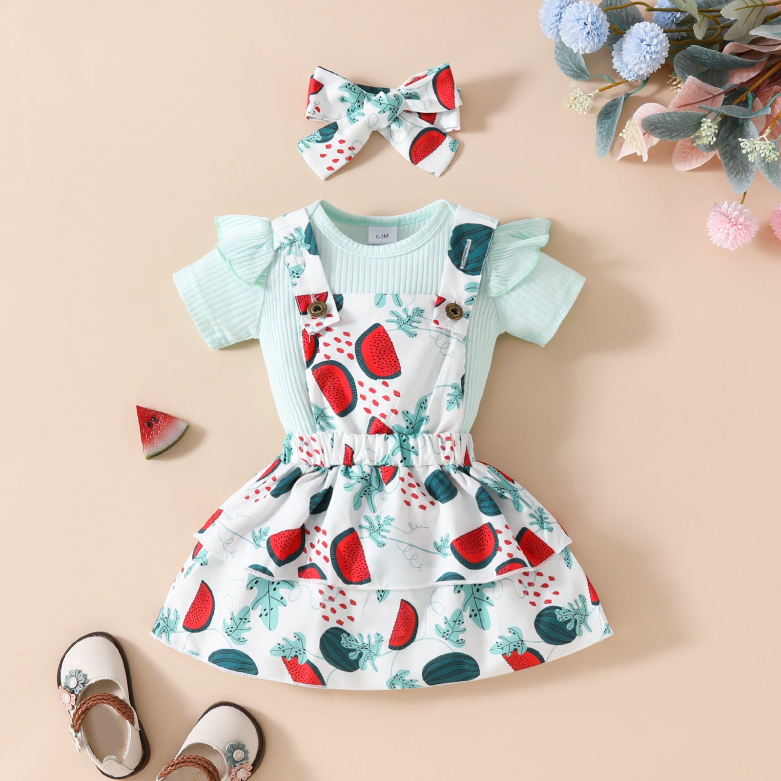 Baby Girl’s Summer Short-sleeved Top Suspender Skirt Floral Fruit Casual Skirt Suit - Baby Girl’s Short Sleeved