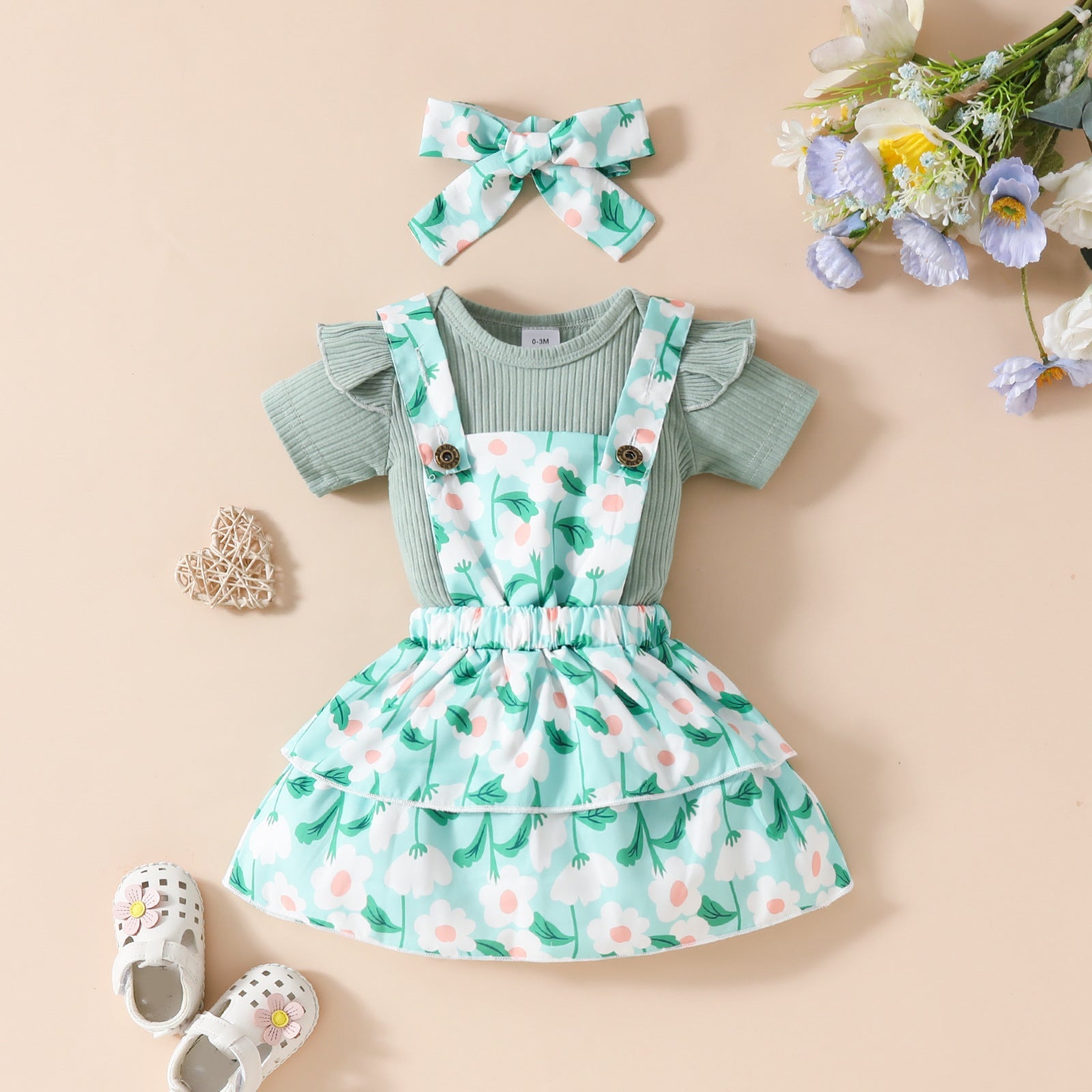 Baby Girl’s Summer Short-sleeved Top Suspender Skirt Floral Fruit Casual Skirt Suit - Baby Girl’s Short Sleeved