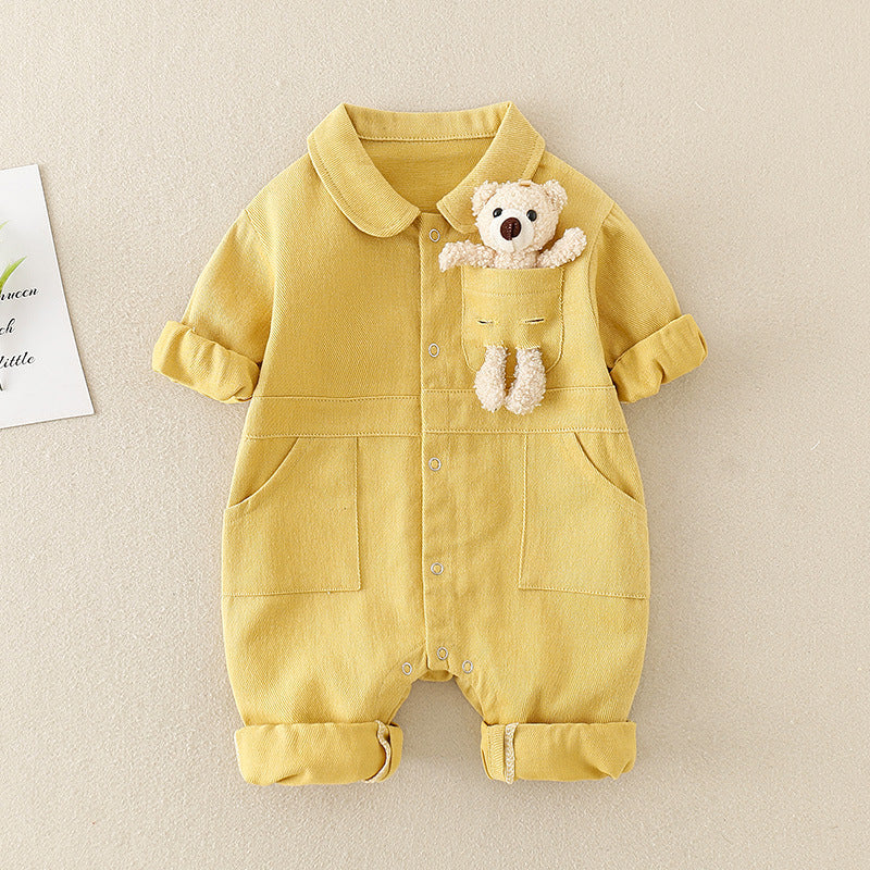 Baby Handsome Denim Jumpsuit Spring Festival Western Style Baby Boy - Baby Handsome Denim Jumpsuit with Teddy Bear