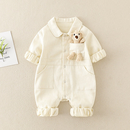 Baby Handsome Denim Jumpsuit Spring Festival Western Style Baby Boy - Baby Handsome Denim Jumpsuit with Teddy Bear