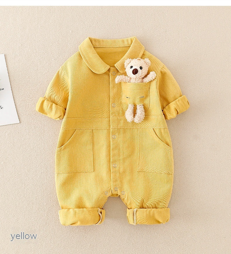 Baby Handsome Denim Jumpsuit Spring Festival Western Style Baby Boy - Baby Handsome Denim Jumpsuit with Teddy Bear