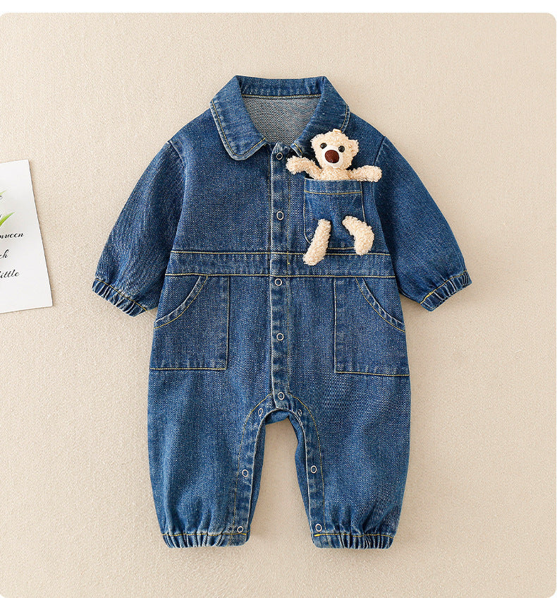 Baby Handsome Denim Jumpsuit Spring Festival Western Style Baby Boy - Baby Handsome Denim Jumpsuit with Teddy Bear