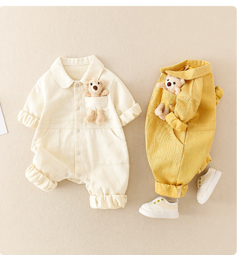 Baby Handsome Denim Jumpsuit Spring Festival Western Style Baby Boy - Baby Handsome Denim Jumpsuit with Teddy Bear