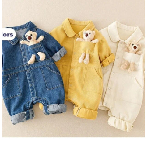 Baby Handsome Denim Jumpsuit Spring Festival Western Style Baby Boy - Baby Handsome Denim Jumpsuit with Teddy Bear