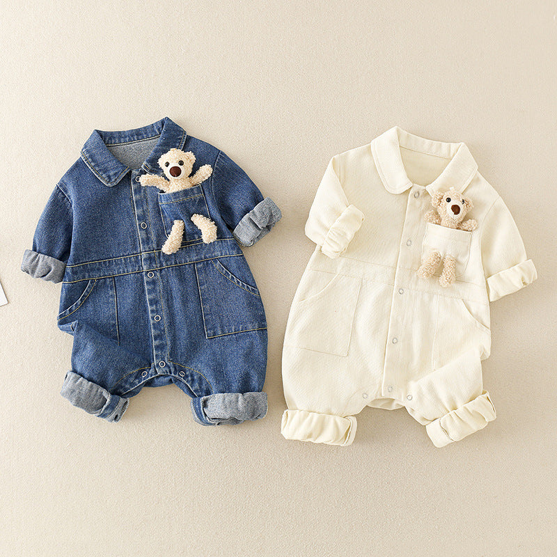 Baby Handsome Denim Jumpsuit Spring Festival Western Style Baby Boy - Baby Handsome Denim Jumpsuit with Teddy Bear