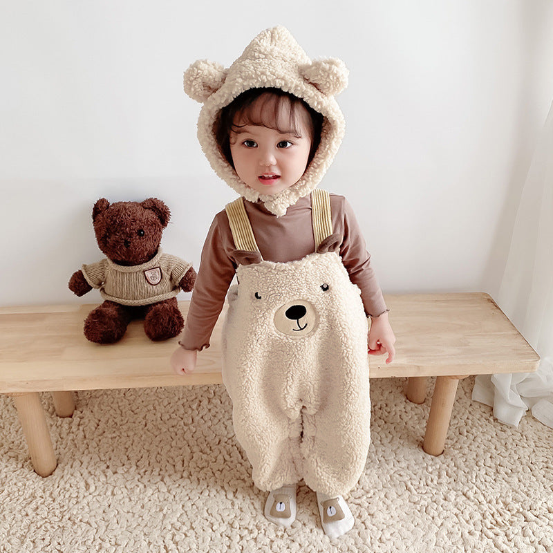 Baby Jumpsuit Autumn And Winter Plus Velvet Baby Clothing Bear Suspenders - Baby Jumpsuit with Velvet for Chilly Bear