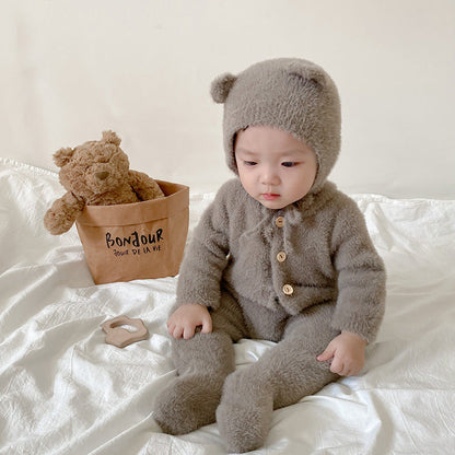 Baby Jumpsuit Mink Fur Little Bear Pattern Bag Feet Romper Outing Jumpsuit - Mink Fur Baby Jumpsuit with Bear Pattern