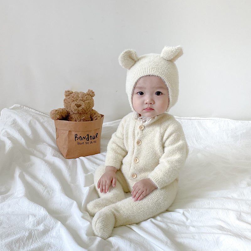 Baby Jumpsuit Mink Fur Little Bear Pattern Bag Feet Romper Outing Jumpsuit - Mink Fur Baby Jumpsuit with Bear Pattern