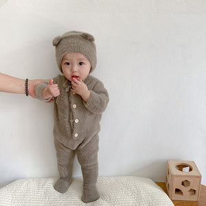 Baby Jumpsuit Mink Fur Little Bear Pattern Bag Feet Romper Outing Jumpsuit - Mink Fur Baby Jumpsuit with Bear Pattern