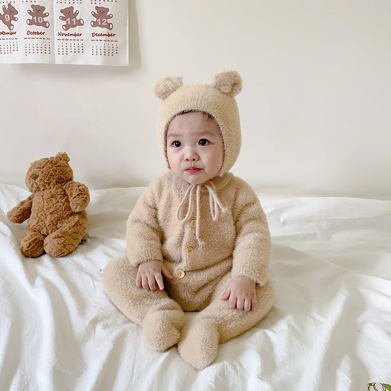 Baby Jumpsuit Mink Fur Little Bear Pattern Bag Feet Romper Outing Jumpsuit - Mink Fur Baby Jumpsuit with Bear Pattern