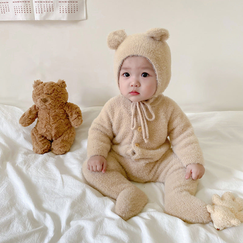 Baby Jumpsuit Mink Fur Little Bear Pattern Bag Feet Romper Outing Jumpsuit - Mink Fur Baby Jumpsuit with Bear Pattern