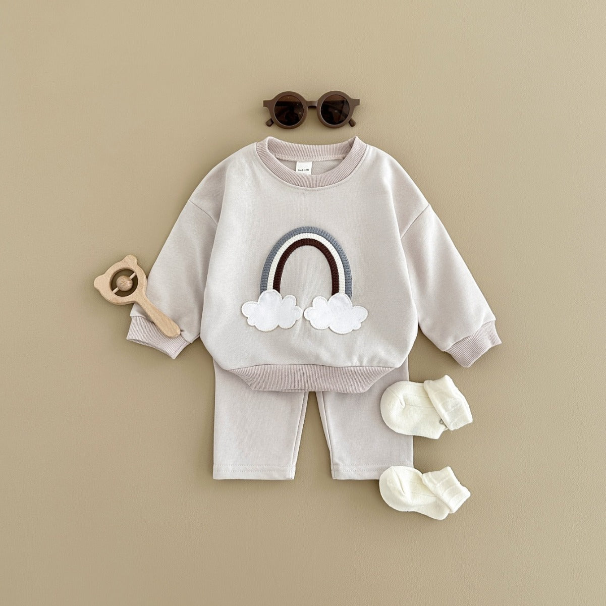 Baby Multi-color Rainbow Patchwork Cloud Embroidery Top And Pants Set - Cloudy with a Chance of Cute Baby Pants Set