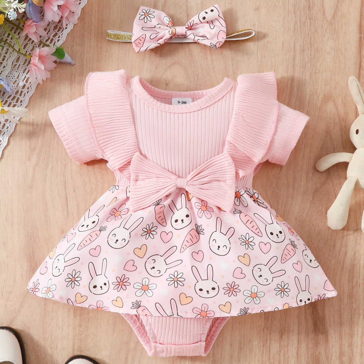 Pink and Sky Blue Baby Jumpsuit Sets for US CHF Markets - Cute Rabbit Fashion-Forward Bunnies united states chf