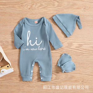 Sky Blue and Light Green Baby Romper with Hat for Newborns Infants - No-Grasping Gloves Set Fun baby romper hat