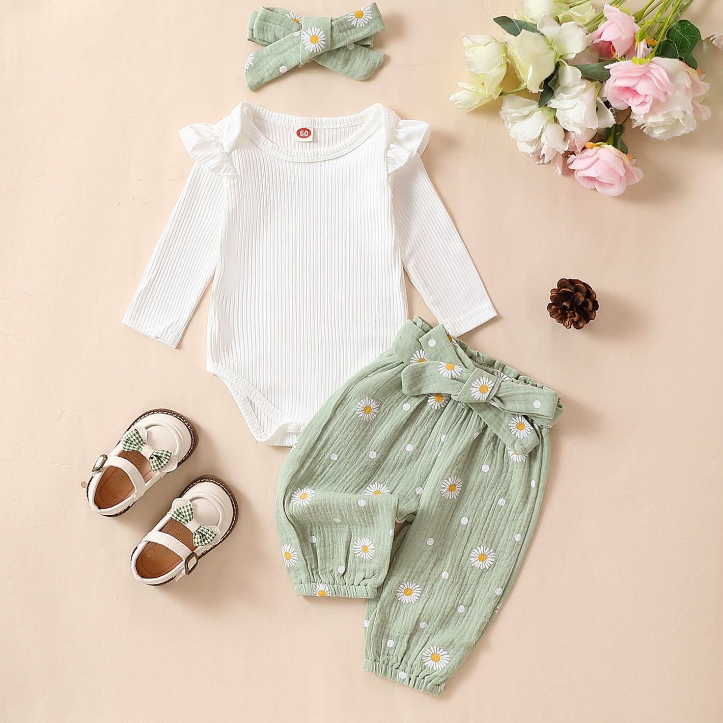 Light Green and Creamy White Polyester Pants for United States Buyers - Bowtiful Baby Set Every Season Occasion united