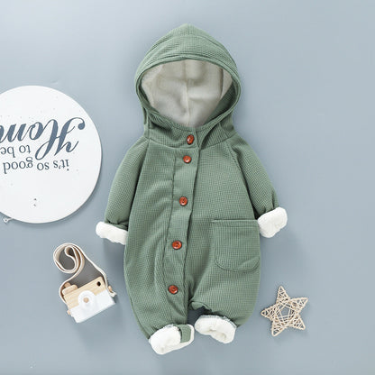 Baby Solid Color Hooded Long Sleeved Button Up Crawling Suit - Hooded Crawling Suit for Tiny Fashionistas