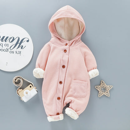 Baby Solid Color Hooded Long Sleeved Button Up Crawling Suit - Hooded Crawling Suit for Tiny Fashionistas