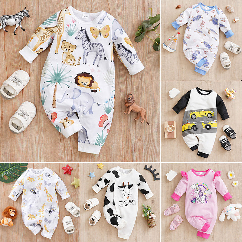 Baby Spring And Autumn One-piece Pajamas Newborn Baby Four Seasons Home Romper New Long Sleeve Inner Pullover - Snug