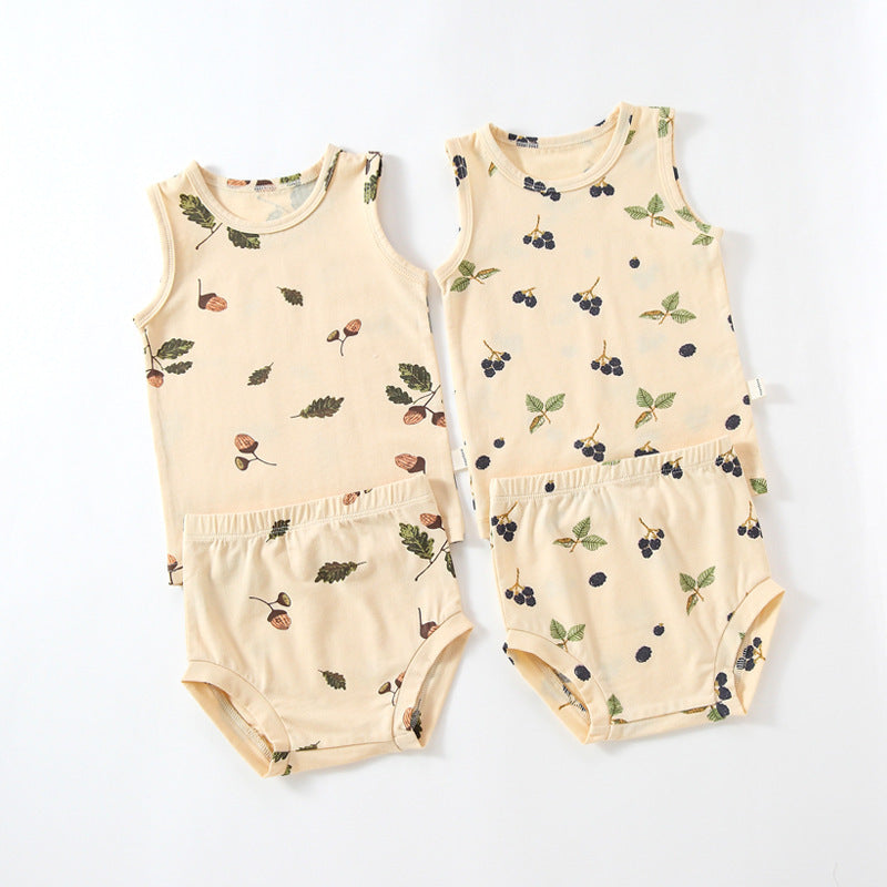 Baby Summer Vest Shorts Set with Fruit and Leaf Prints for United States - Laughing in Green Romper baby summer vest