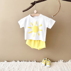 Unisex Pink Yellow Blue Short Sleeve Baby T-shirt and Pants Set for the United States - Sun’s Out in Two-Piece united