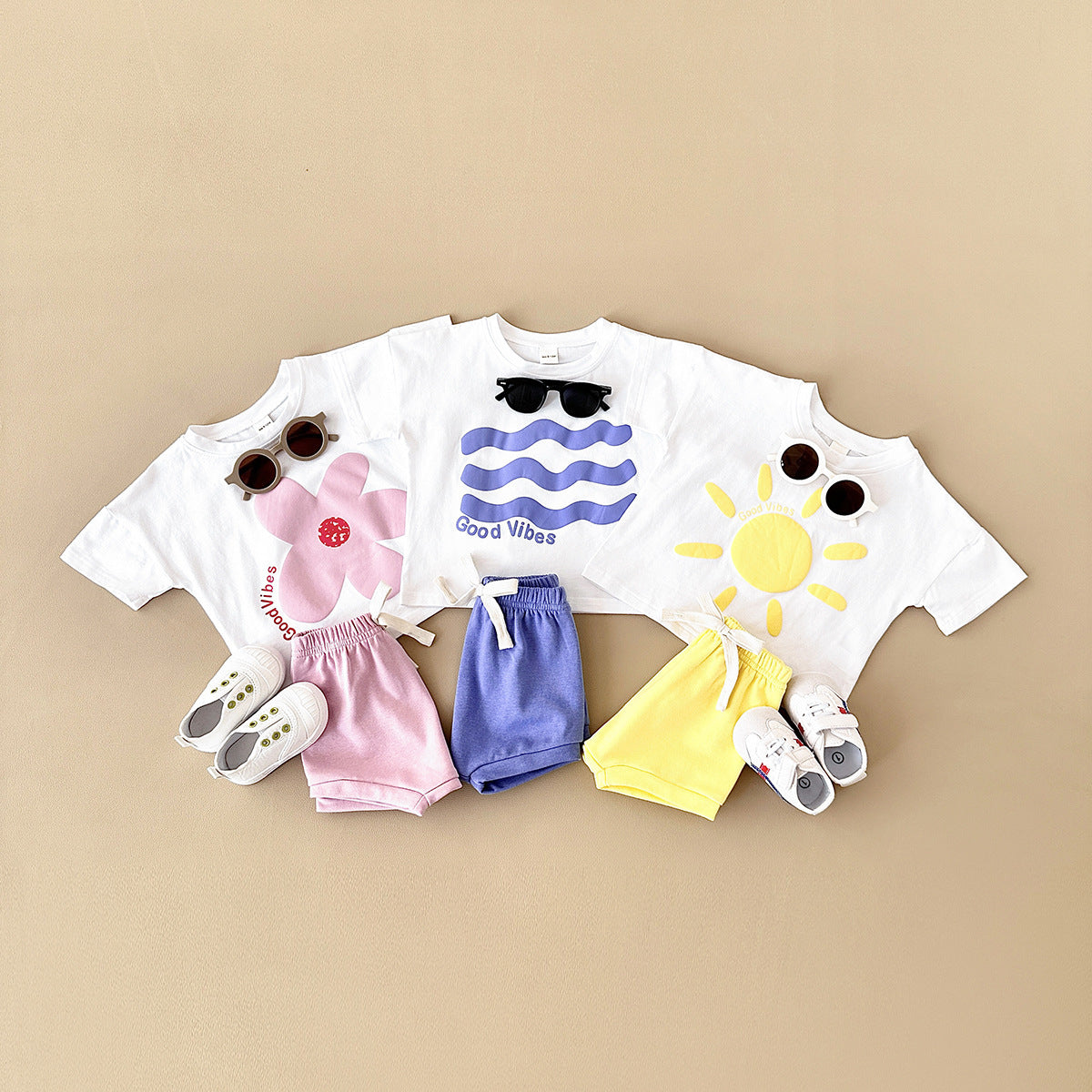 Unisex Pink Yellow Blue Short Sleeve Baby T-shirt and Pants Set for the United States - Sun’s Out in Two-Piece united