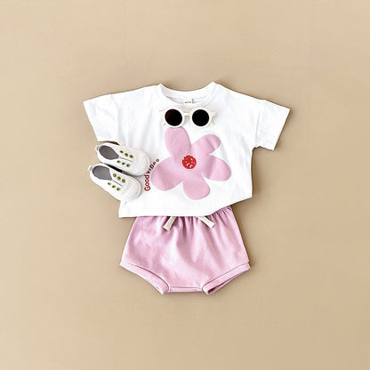 Unisex Pink Yellow Blue Short Sleeve Baby T-shirt and Pants Set for the United States - Sun’s Out in Two-Piece united