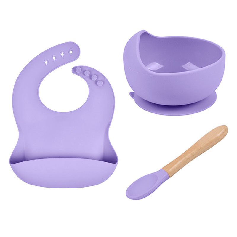 Baby Tableware Solid Food Bowl Silicone Bib Wooden Spoon Three-piece Set - Spoon Me Baby Bowl Fun Wooden Tableware Set