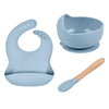 Baby Servies Set van 3 - Kom voor Vaste Voeding, Siliconen Slabbetje, Houten Lepel  - Grijs en Blauw