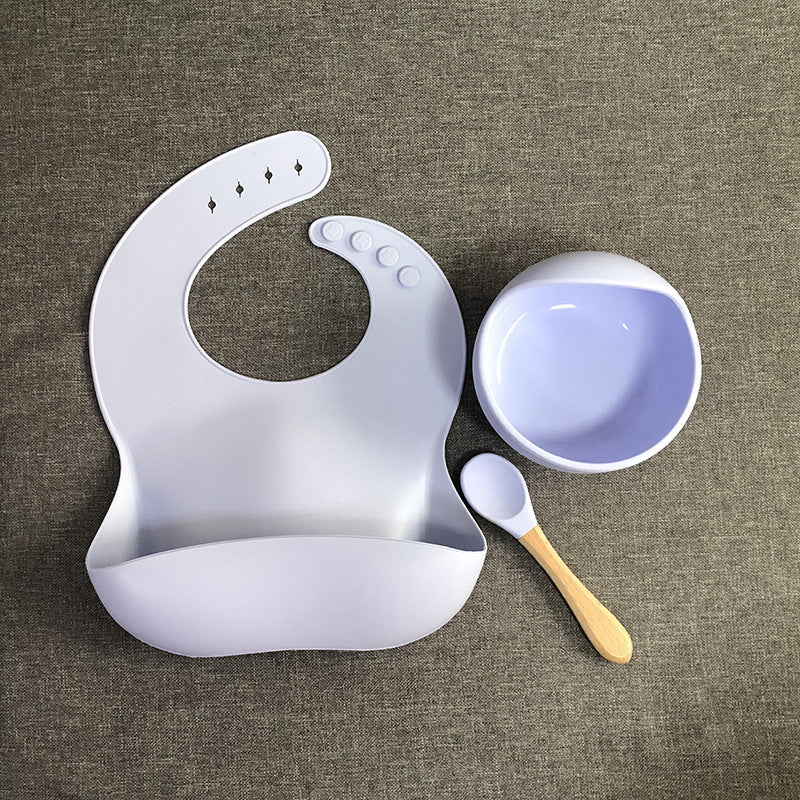 Baby Tableware Solid Food Bowl Silicone Bib Wooden Spoon Three-piece Set - Spoon Me Baby Bowl Fun Wooden Tableware Set