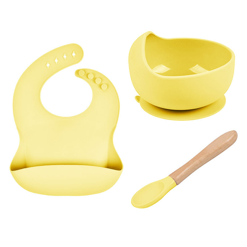 Baby Tableware Solid Food Bowl Silicone Bib Wooden Spoon Three-piece Set - Spoon Me Baby Bowl Fun Wooden Tableware Set