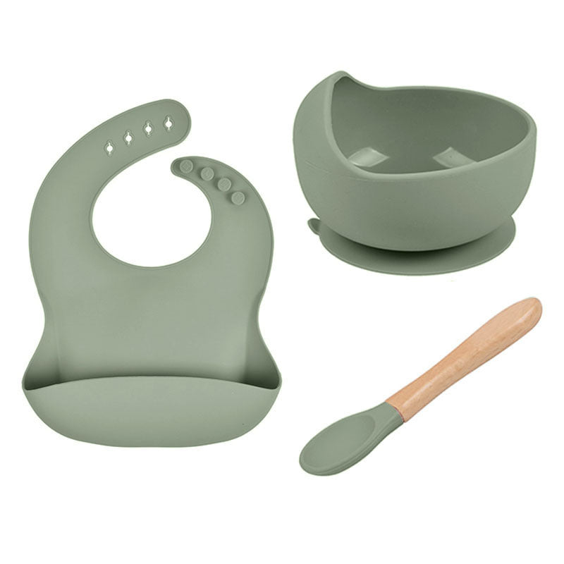 Baby Tableware Solid Food Bowl Silicone Bib Wooden Spoon Three-piece Set - Spoon Me Baby Bowl Fun Wooden Tableware Set