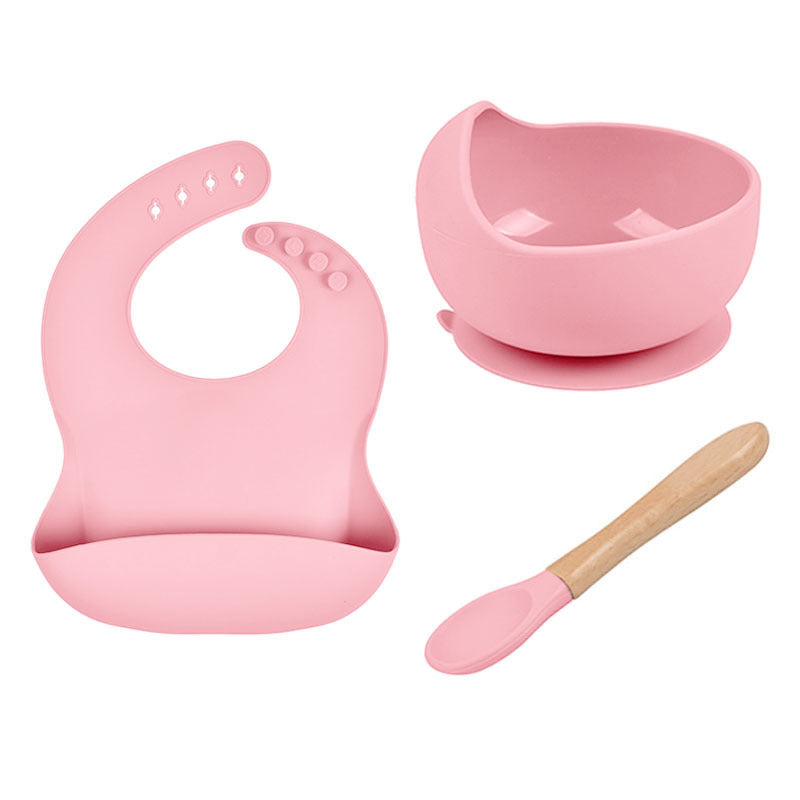 Baby Tableware Solid Food Bowl Silicone Bib Wooden Spoon Three-piece Set - Spoon Me Baby Bowl Fun Wooden Tableware Set