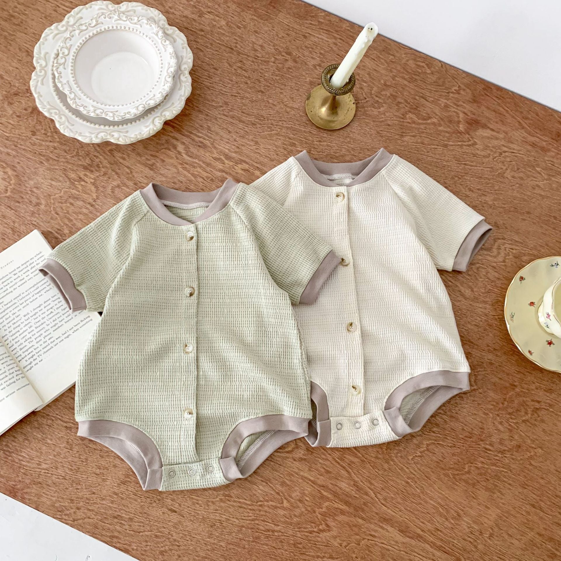 Baby Waffle Round Neck Solid Color Open Buckle Triangle Overalls - Waffle Overalls for Tiny Trendsetters and Snackers