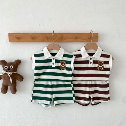 Baby Western Style Striped Lapel Bear Vest Shorts Set - Tiny Fashionista in a Bear Vest and Shorts Combo